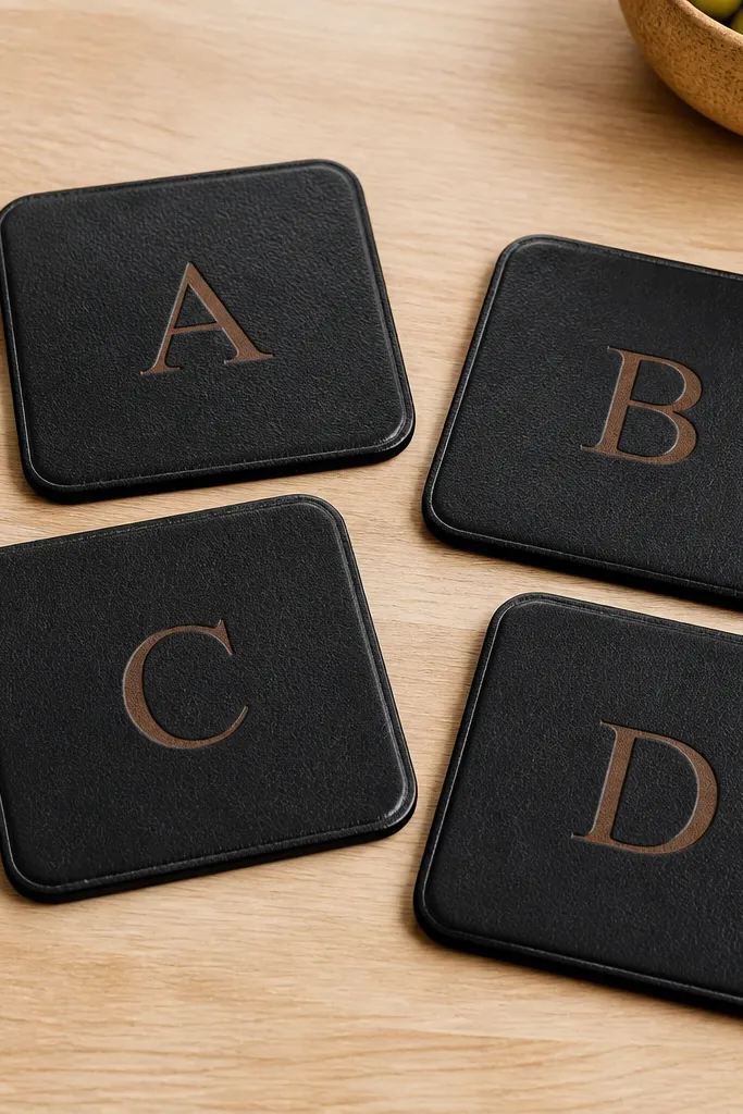Four square coasters made from black leatherette with rounded corners, each stamped with a single-letter initial in a lighter brown, arranged on a light wood table. The edges look neatly sealed and slightly glossy.