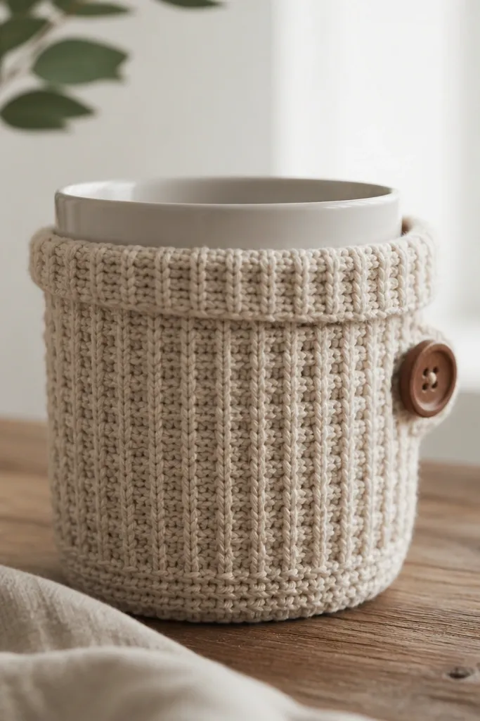 A handmade mug sleeve in oatmeal waffle-knit fabric with a small wooden button on one side and a neat seam around the bottom edge. A mug sits inside the sleeve, and the top opening folds slightly.