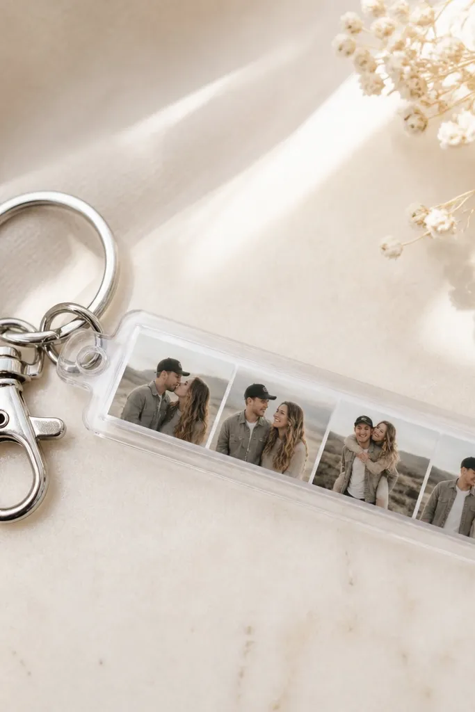 A keychain with a clear plastic strip showing a tiny photo strip inside. The photos are small, side-by-side, and the keychain has a metal ring and lobster clasp.