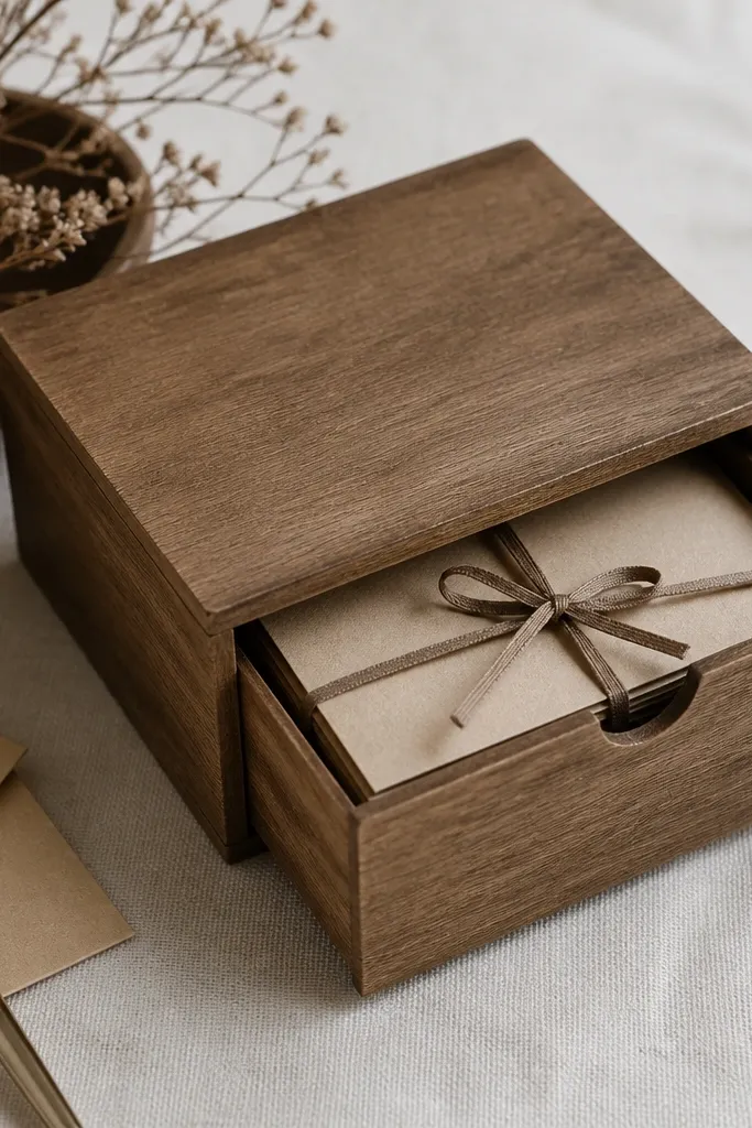 A small wooden-look drawer box made from craft wood or painted cardboard, with a sliding front. Inside are neatly stacked kraft paper notes tied with a thin ribbon.