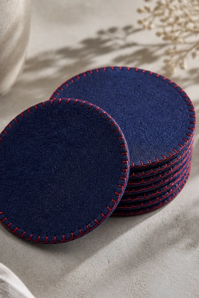A set of round felt coasters in deep navy, each with a contrasting red thread stitched around the edge. They're stacked on a neutral table with soft shadows.
