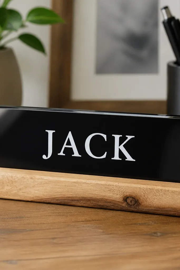 A small desk nameplate on a desk made from a sanded scrap wood plank. The boyfriend's first name is painted in clean white on black acrylic, with a simple clear coat shine.
