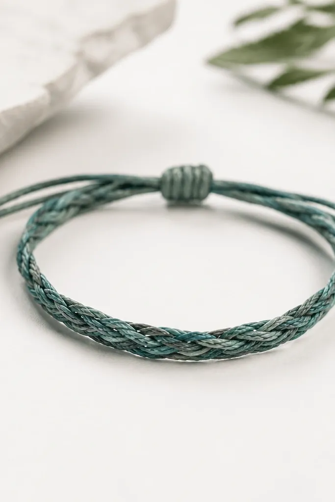 A braided bracelet made from six thin cords in a muted teal and gray mix. It has a simple sliding knot closure and sits on a white surface.