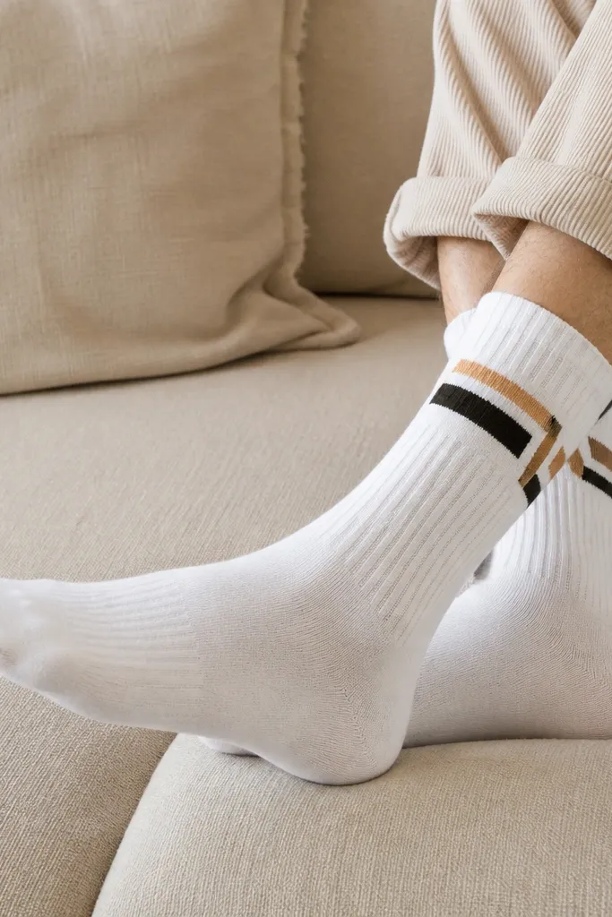 A pair of white crew socks with hand-painted black and tan geometric stripes near the ankle. The stripes look crisp and evenly spaced with a matte finish.