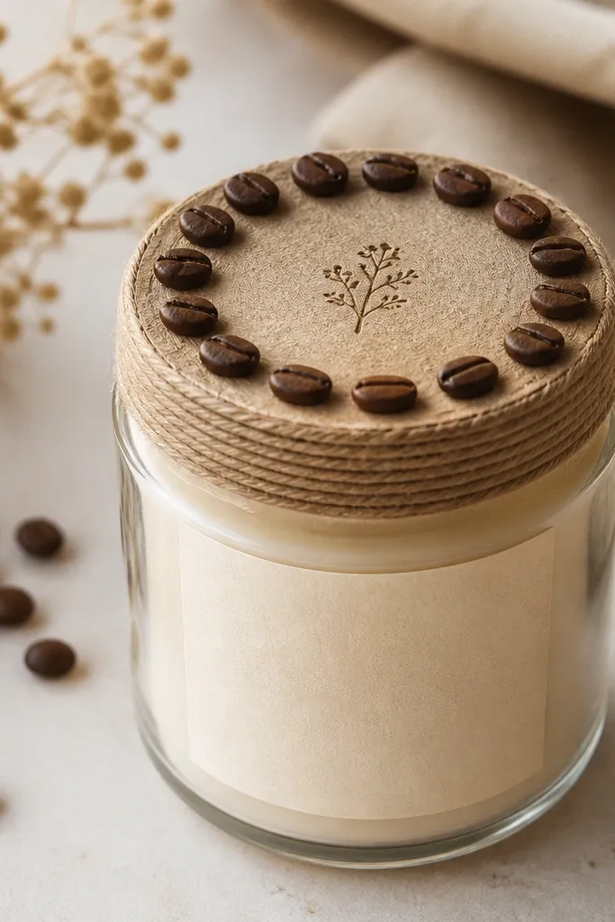 A clear glass candle jar with a matte label in cream paper. The jar lid is wrapped with twine and topped with a ring of coffee beans, evenly spaced, with a small stamped message.
