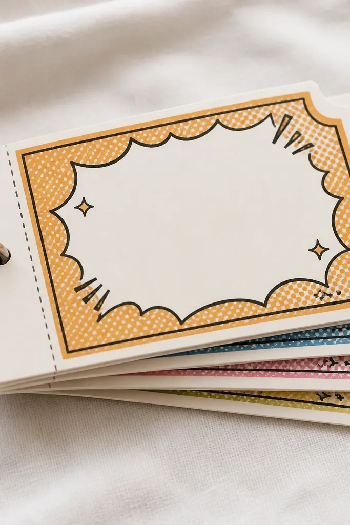 A small booklet of laminated paper coupons with comic-style borders. Each coupon has a handwritten date idea like 'Breakfast Walk' and a perforation line or corner cut.