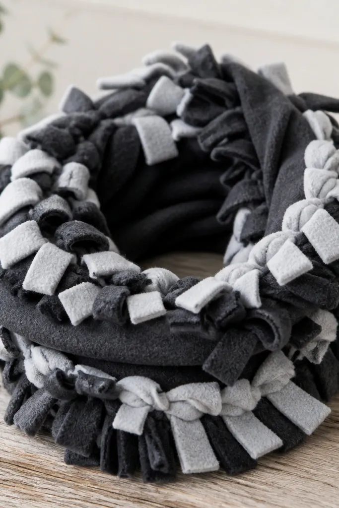 A chunky infinity scarf made from tied fleece strips in charcoal and light gray. The scarf loops around itself and shows visible fringe knots along the edges.
