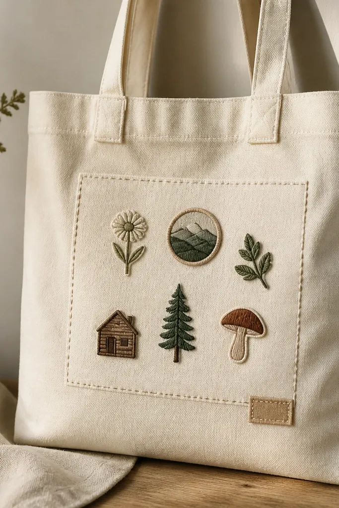 A plain canvas tote bag with a patch arrangement on the front: small iron-on patches, a stitched border, and a clean label tag at the corner.