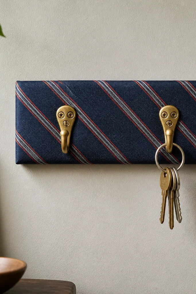 A wall-mounted key hook made from an old necktie wrapped over a piece of wood. Two brass hooks are screwed into the wood, and the tie fabric is smoothed flat and sealed.