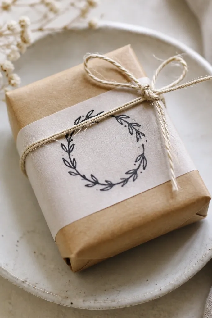 A small bar of soap wrapped in brown paper with a neat washitape label. The label has a hand-drawn monogram in black marker and a simple string tied around it.