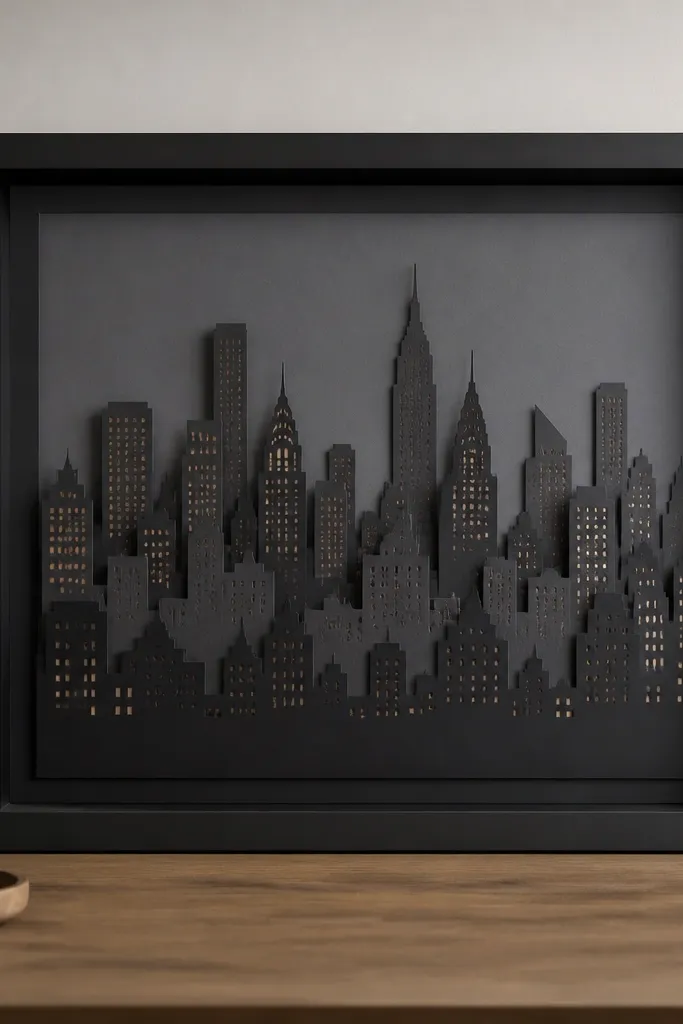 A framed paper-cut skyline in dark gray and black, with small city lights cut out. The frame has a slight shadow gap so the paper sits away from the glass.