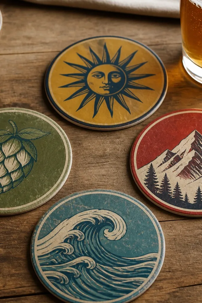 A set of round coasters made from beer bottle labels, each layered under clear contact paper. The labels are centered, and the edges are sealed with neat circular trimming.