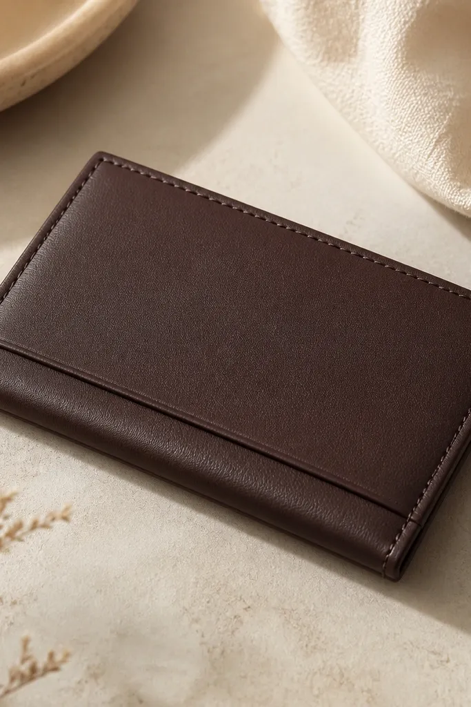 A slim card holder in dark brown leatherette with a hidden pocket flap. The edges are stitched, and the front has a small edge seam that keeps the fold crisp.