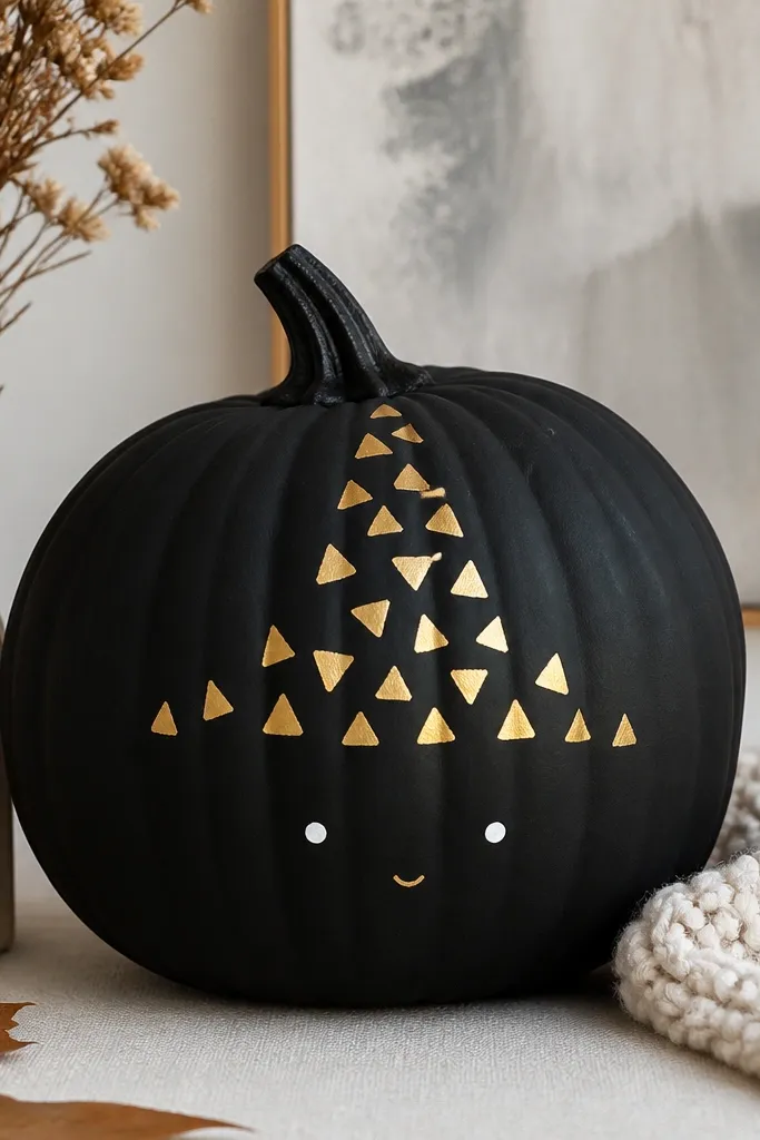 A medium orange pumpkin painted matte black. Gold craft paint triangles form a witch hat shape across the top, with two simple white dot eyes and a tiny gold mouth. The surface looks velvety, not shiny.