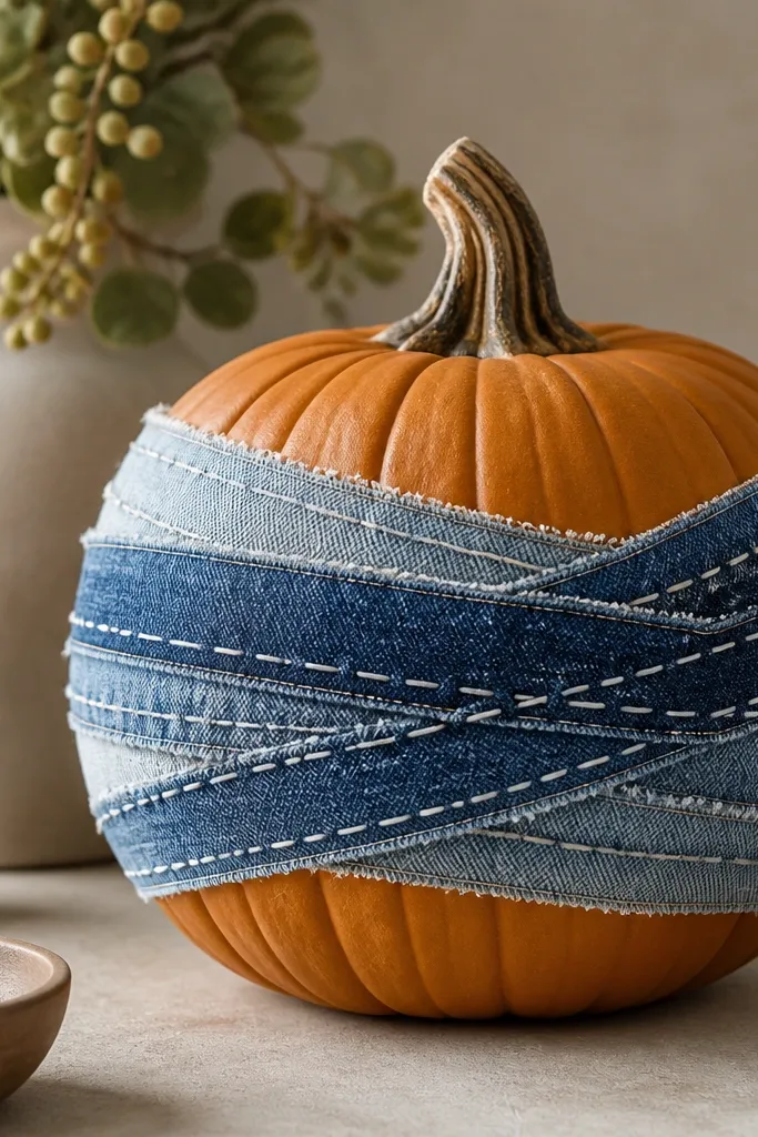 A pumpkin covered with a stripy denim fabric band around the middle. White fabric glue creates stitched lines that look like sewing along the seams. The denim has a faded wash, with small frayed edges showing at the ends.