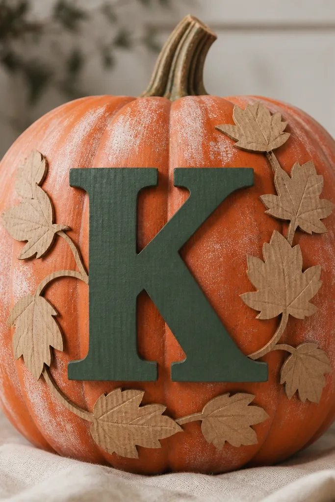 A pumpkin with a big letter cut from cardboard, painted dark green, sitting in the center. Around the letter are small leaf shapes cut from brown cardboard, arranged like a vine. The background pumpkin stays orange with a light coat of matte white in spots.