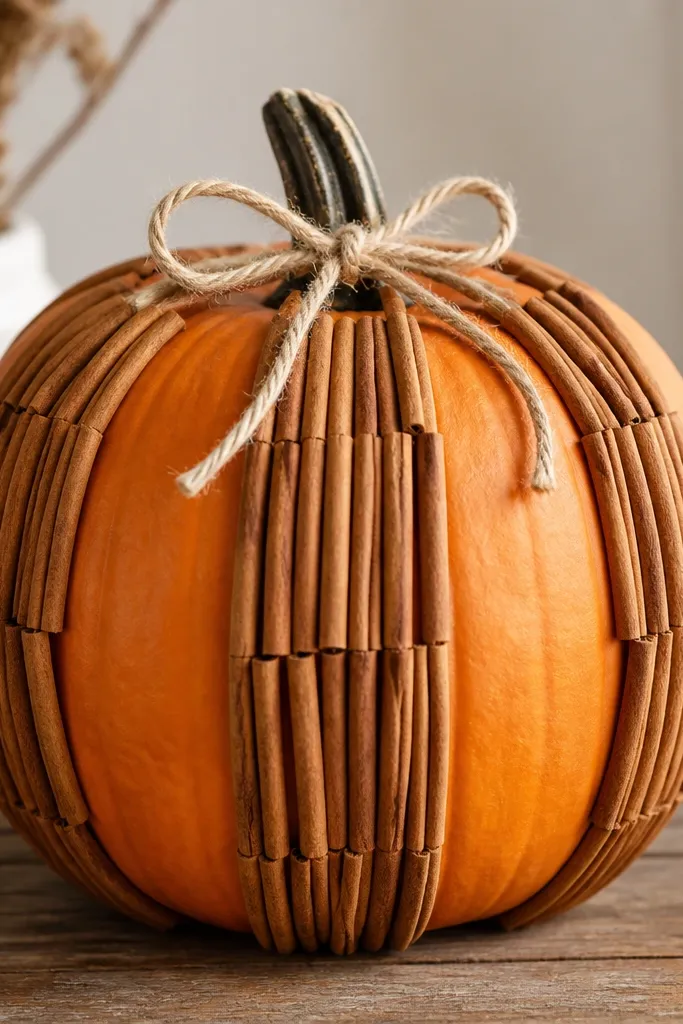 A pumpkin wrapped with three vertical stripes made from cinnamon sticks. The sticks are glued in neat rows, with the orange pumpkin showing between stripes. A small twine bow sits near the stem.