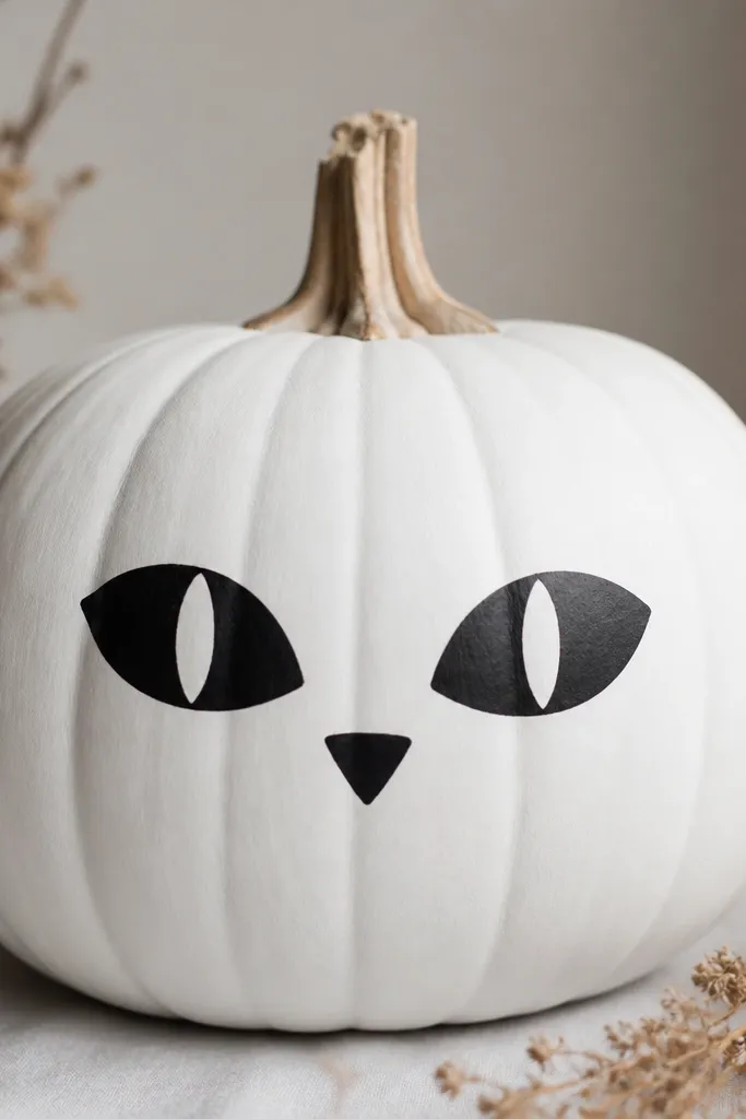 A pumpkin painted matte white with two large black cat eyes drawn in the center. The eyes have pointed pupils and a small black triangle nose. The paint looks smooth and opaque.