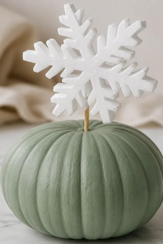 A pumpkin painted a muted sage green. On top sits a big white foam snowflake, slightly angled, held by a small wooden skewer. The edges of the snowflake look crisp and dimensional.