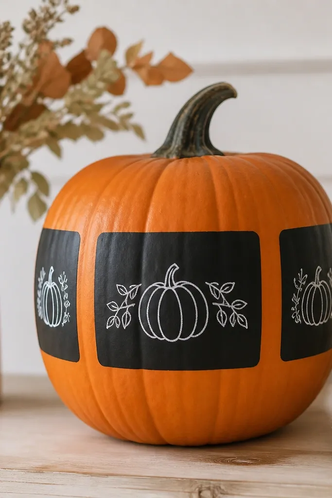A pumpkin with small black chalkboard-style vinyl rectangles on the sides. Each rectangle has white chalk-like writing and tiny pumpkin doodles drawn with a chalk marker. The pumpkin stays orange with a clean, modern layout.