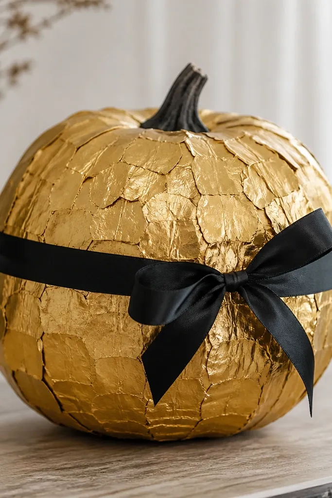 A pumpkin covered with small pieces of metallic gold adhesive shelf liner. The pieces overlap like scales, with a few wrinkles giving a foil-like texture. A black ribbon wraps around the middle.