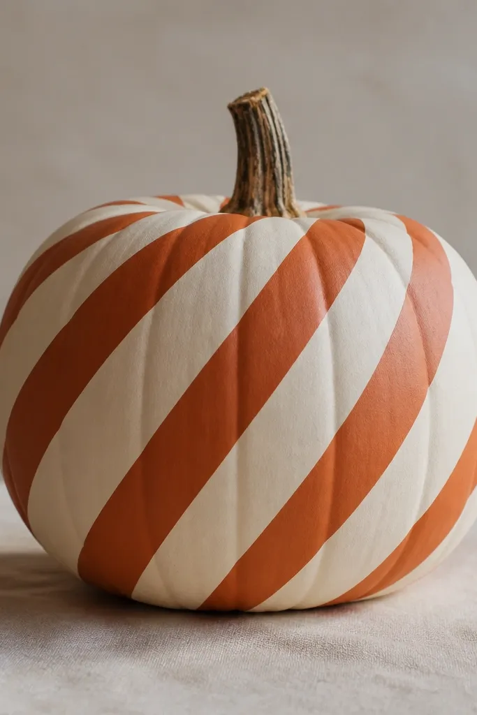 A pumpkin painted pale cream. Masking tape creates diagonal stripes that are painted a deep rust orange. The rest stays cream, with sharp tape edges and a clean, graphic look.