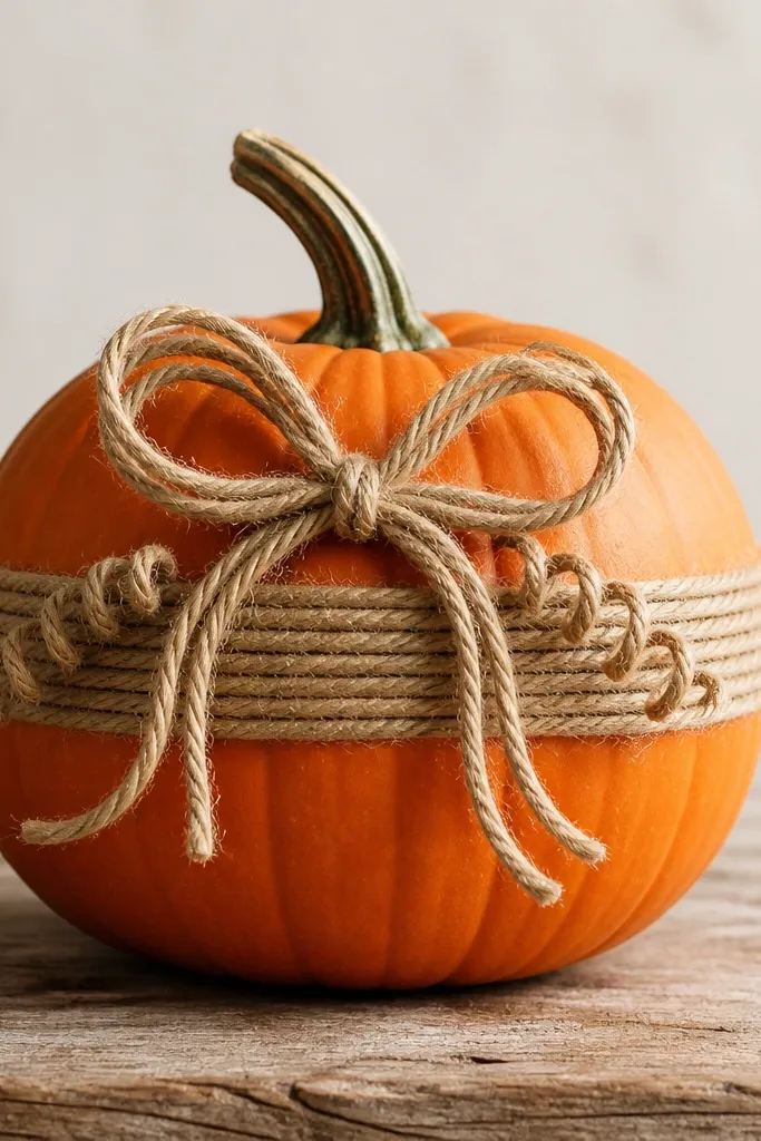A pumpkin wrapped with a thin jute rope spiral around the middle. A big rope bow sits on top of the spiral, and small rope curls tuck around the bow. The pumpkin color stays natural orange.