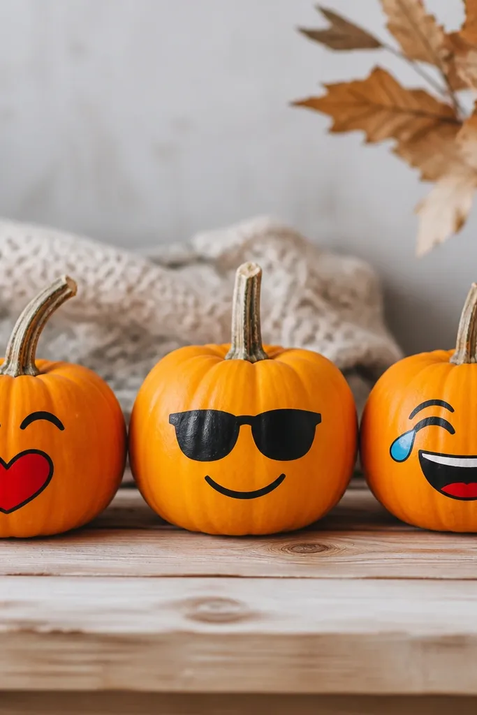Three small pumpkins with bright emoji faces. One has a red heart with a smile, one has sunglasses, and one has a laughing face with tears. Faces are drawn with fine paint markers for sharp lines.