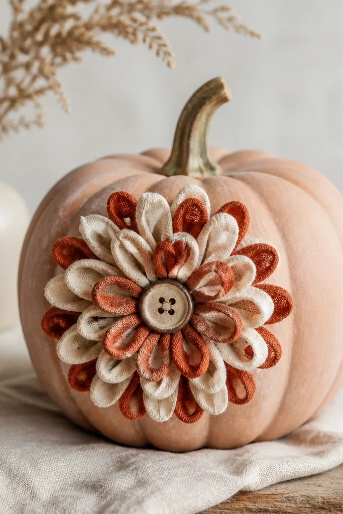 A pumpkin with a layered fabric rosette attached at the front. The rosette is made from cream and rust fabric loops, with a small button in the middle. The pumpkin has a thin coat of matte chalky paint.