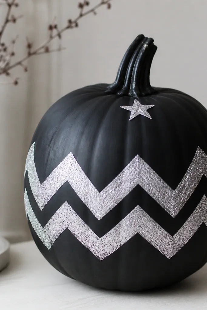 A pumpkin painted matte black with silver glitter chevron stripes across the middle. The chevrons are clean V-shapes, and a small silver star sticker sits near the stem.