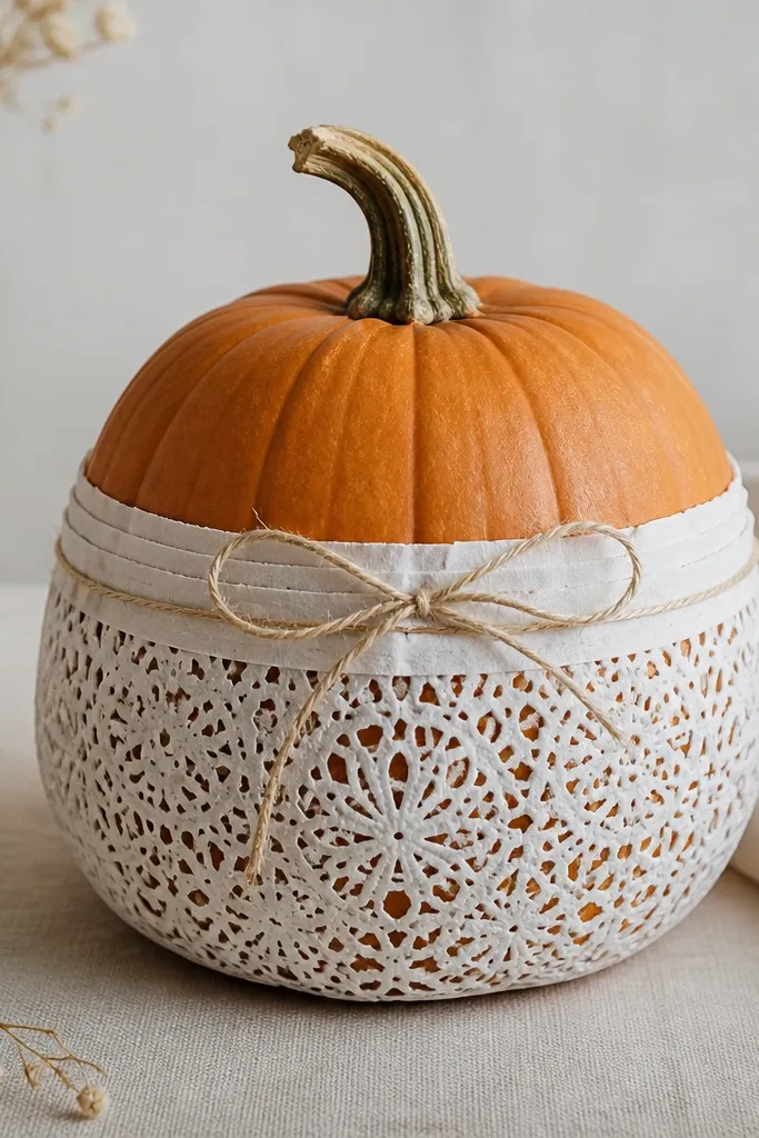 A pumpkin with a white doily pattern wrapped around the lower half. The doily has been cut into a ring, and the edges are layered with thin white paper strips. The top stays orange with a small twine bow.