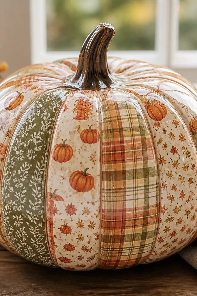 A pumpkin covered in small rectangular panels of patterned scrapbook paper. The patterns include tiny pumpkins, plaid, and small leaves, with a clear glossy finish on top. Edges are trimmed neatly along the pumpkin ridges.