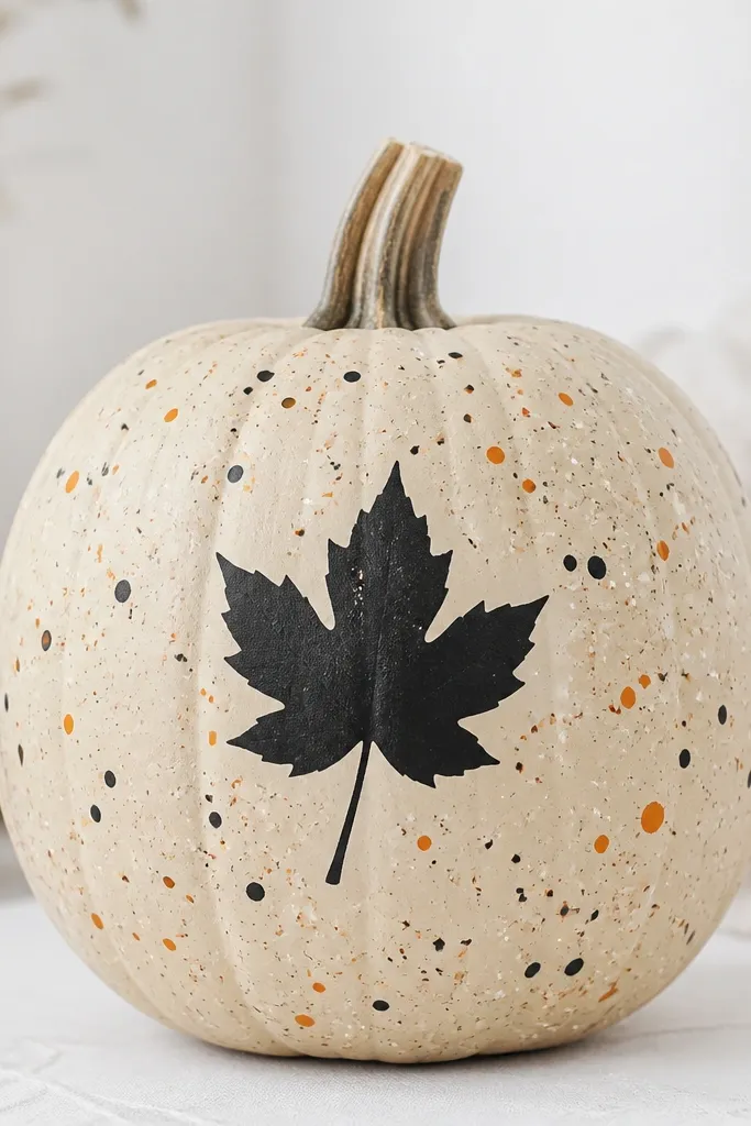 A pumpkin with a simple stencil shape in the center, surrounded by small paint splatters in orange, white, and black. The base is a muted cream paint, and the splatters look controlled, not messy.