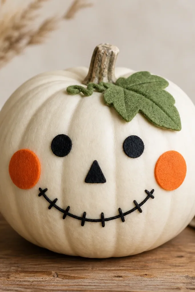 A pumpkin decorated with felt pieces making a smiling face. Felt shapes include a small green leaf on top, orange cheek circles, and a stitched-looking mouth outline. The felt texture is visible and soft.