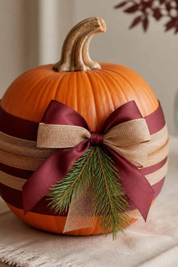 A pumpkin wrapped with layered ribbon in burgundy and tan. Two small pine sprigs are glued on the front under a bow. The pumpkin remains orange, with the ribbon wrapping around the middle and lower half.
