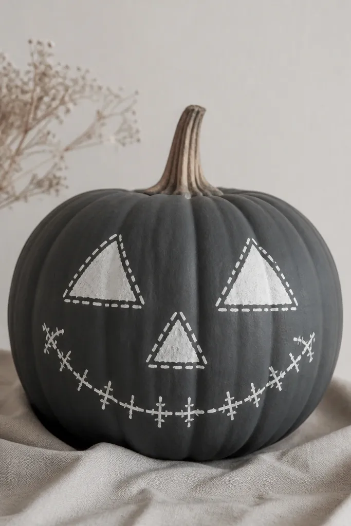A pumpkin painted charcoal gray. A face is drawn with white paint marker, with a stitched outline around the eyes and mouth like cartoon sewing. The surface looks matte, not shiny.