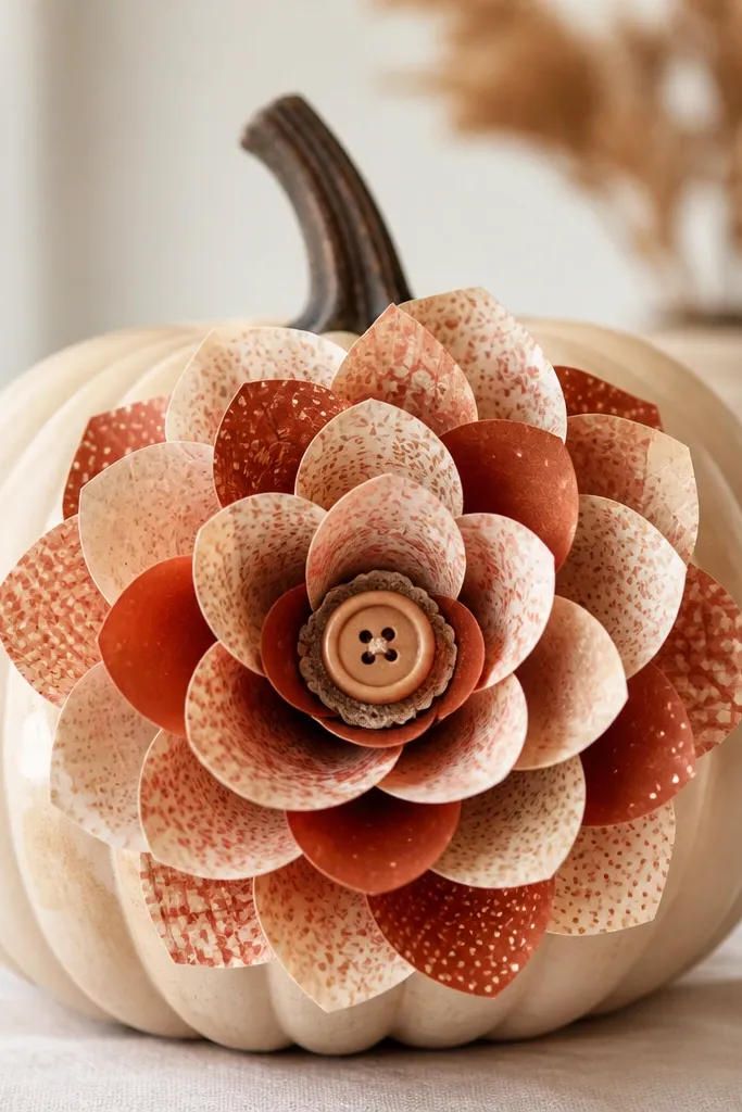 A pumpkin with a large rolled paper flower attached at the front. The flower is made from strips of patterned paper rolled into petals in cream and rust tones. A small button sits in the center, and the edges look neat and layered.