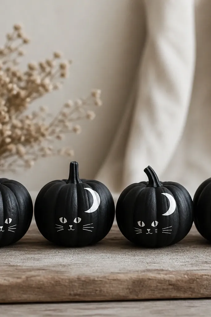 A row of small orange pumpkins painted matte black with simple white moon crescents and tiny white cat faces on each one, eyes centered and whiskers as thin strokes.