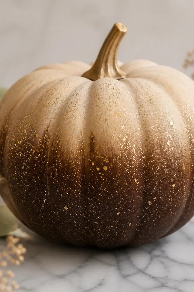 A pumpkin painted deep chocolate brown at the bottom fading to warm cream at the top, with scattered gold speckles across the whole surface like sprayed metallic dust.