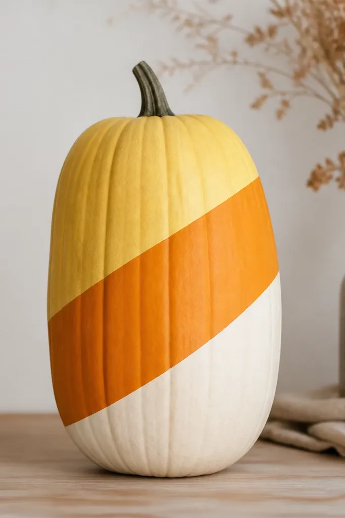 A tall pumpkin with three diagonal color bands: pale yellow, orange, and cream, each band separated by crisp lines from painter's tape.