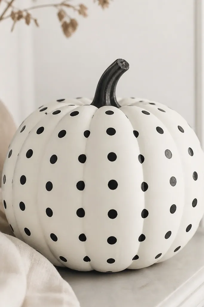 A matte white pumpkin covered in evenly spaced black dots forming a loose grid pattern, with the dots slightly varied in size for a hand-painted look.