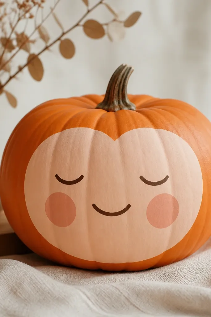 A terracotta-orange pumpkin painted with a peach face area, rosy blush circles on the cheeks, and a calm smiling mouth in dark brown.