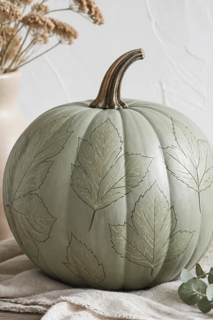 A pumpkin painted muted sage green with a thin olive outline leaf shape and delicate lighter veins running through the leaf pattern.