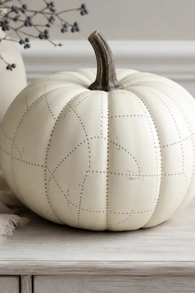 A pumpkin painted cream with thin gray stitch lines forming a patchwork outline, with small evenly spaced dots along the "seams."