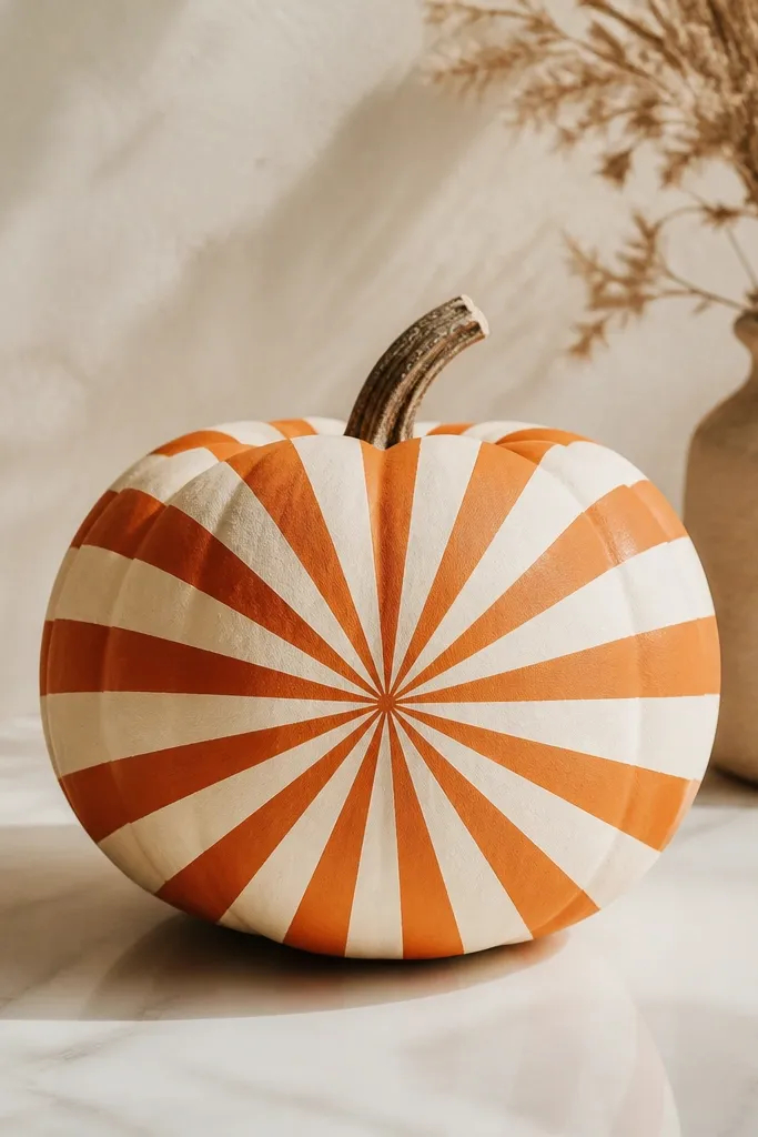 A pumpkin with a cream base and bold burnt orange rays radiating from the center like a sun, with rays separated by thin gaps.