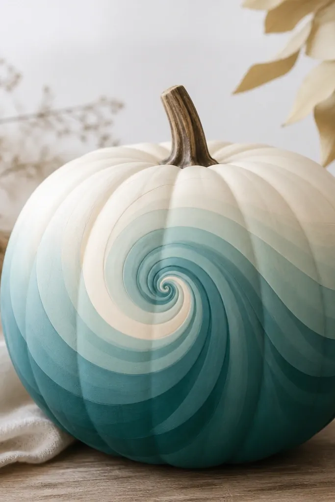 A pumpkin painted with a spiral swirl that starts teal at the bottom and fades into cream toward the top, with smooth layered curves.