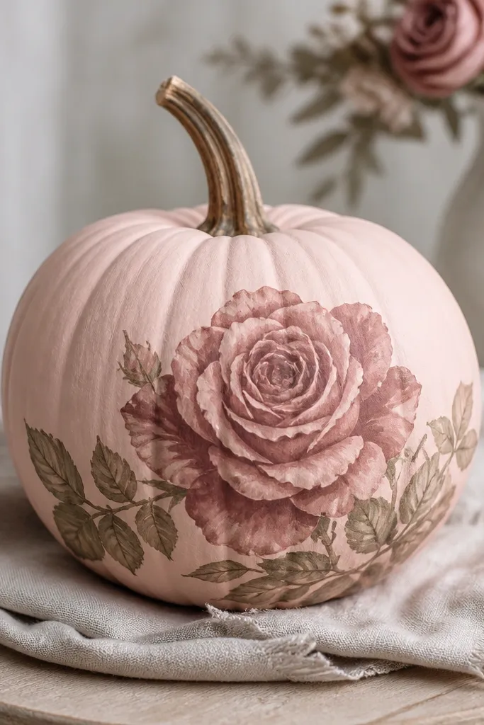 A blush pink pumpkin with a single large vintage rose painted in muted mauve and dusty red, plus soft green leaves near the bottom.