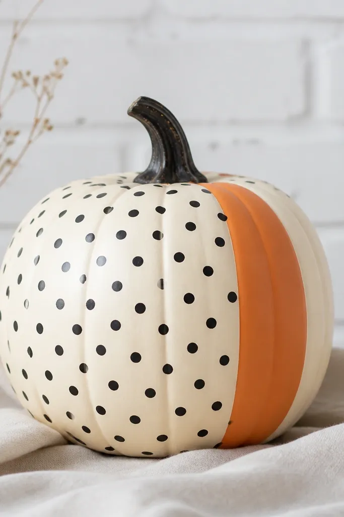 A pumpkin with one vertical stripe of orange and cream and the rest covered in small black polka dots, with the dots stopping neatly at the stripe edge.