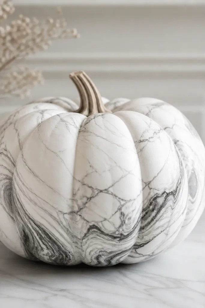 A pumpkin painted white with gray marbling lines that curl and cross like stone, with subtle darker swirls near the bottom.