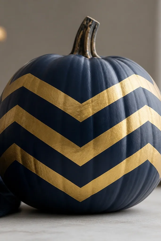 A pumpkin painted deep navy with gold chevron stripes stacked across the front, each chevron separated by the navy background.
